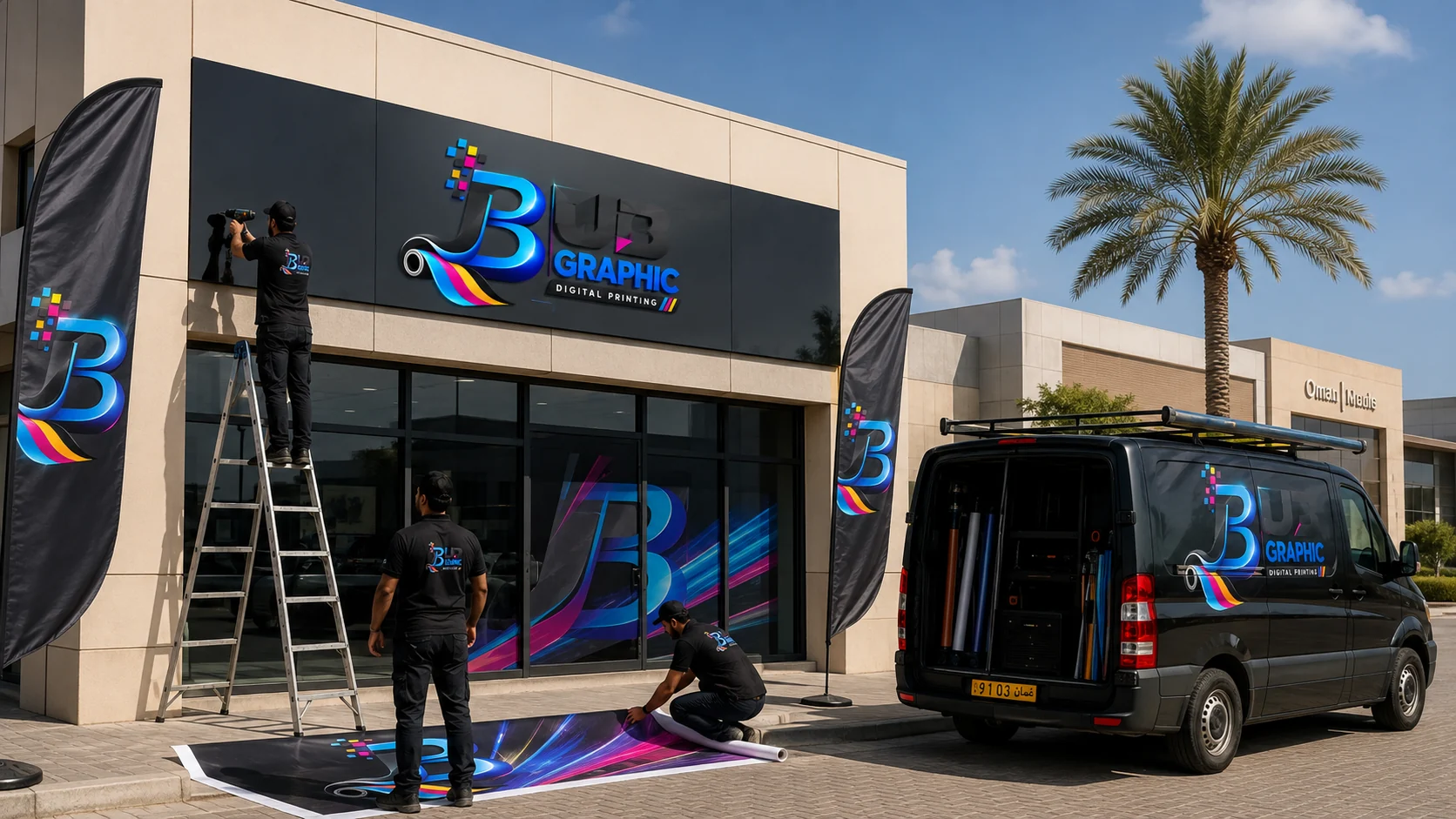 Outdoor signage installation and vehicle branding