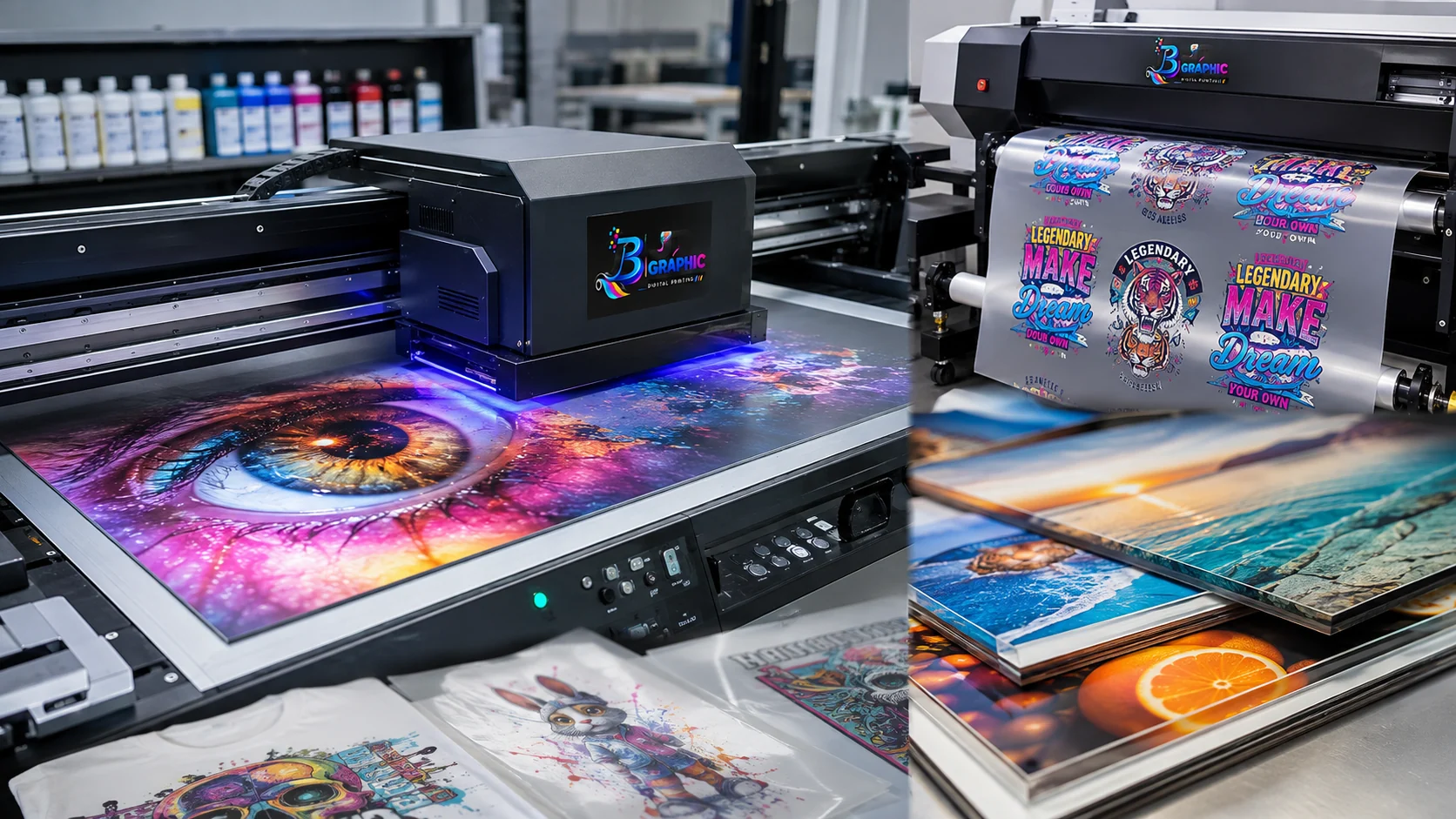 Flatbed UV and DTF printing production